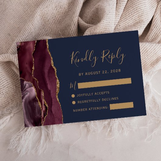 Moderne Burgundy Goud Agate Navy Blauwe Trouw RSVP Kaartje