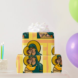 Moderne Byzantijnse Maagd Maria en Kind Religieus Cadeaupapier