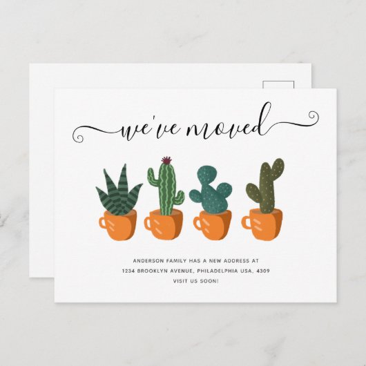 Moderne Cactus Calligraphy We hebben New Home verp Aankondigingskaart (Voorkant / Achterkant)