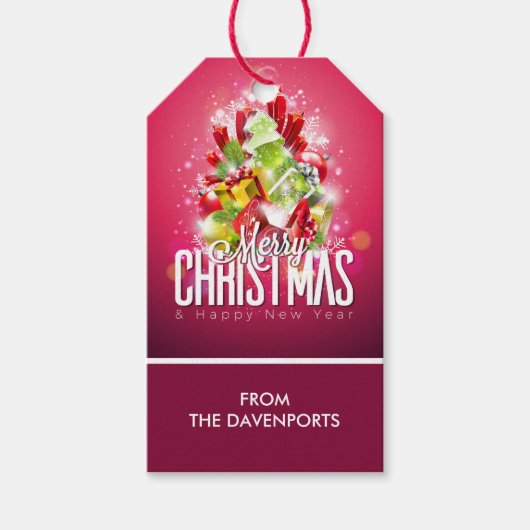 Moderne Cadeaus en bomen met kerstwand - feestelij Cadeaulabel (Voorkant)