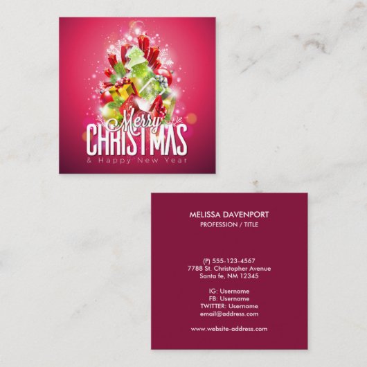 Moderne Cadeaus en bomen met kerstwand - feestelij Vierkante Visitekaartje (Voorkant / Achterkant)