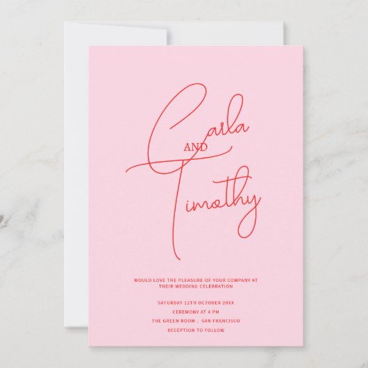 Moderne Caligrafie Script Rood Roze bruiloft Kaart (Voorkant)