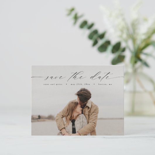 Moderne Calligrafie Foto Save the Date Briefkaart (Staand voorkant)