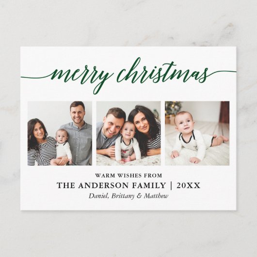 Moderne Calligrafie Groene Kerst 3 Foto Briefkaart (Voorkant)