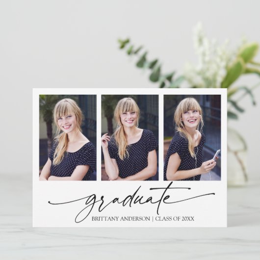 Moderne Calligrafie inkt Script 3 Foto Afstuderen Aankondiging (Staand voorkant)