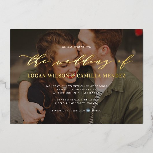 Moderne Calligrafie-script foto-bruiloft REAL Folie Uitnodiging (Voorkant)