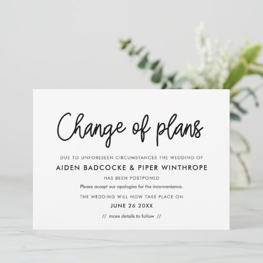 Moderne calligrafie wijziging van plannen trouwupd kaart (Staand voorkant)