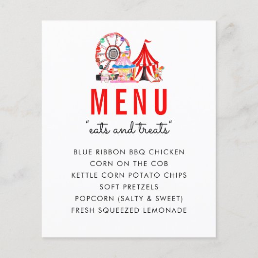 Moderne carnival Circus Show Birthday Party Menu (Voorkant)