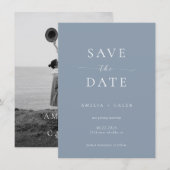 Moderne Carte de Mariage 'Save the Date' Bleu Pous (Devant / Derrière)