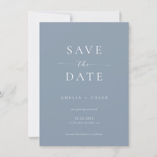 Moderne Carte de Mariage 'Save the Date' Bleu Pous (Devant)