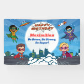 Moderne Cartoon Superhero Verjaardagsfeestbanner Spandoek (Horizontaal)
