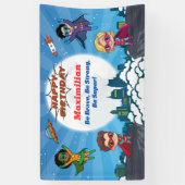 Moderne Cartoon Superhero Verjaardagsfeestbanner Spandoek (Verticaal)