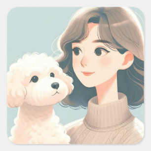 Moderne Cartoon vrouw en haar Bichon Frisé Dog Vierkante Sticker