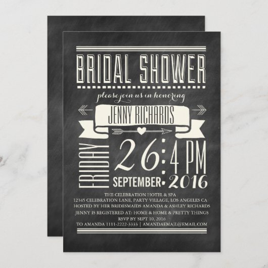 MODERNE CHALKBOARD BRUIDSDOUCHE UITNODIGING (Voorkant / Achterkant)