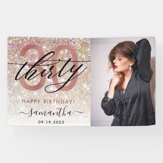 Moderne Champagne Glitter 30th Birthday Foto Spandoek (Horizontaal)