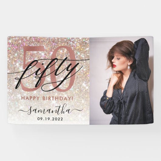 Moderne Champagne Glitter 50th Birthday Foto  Spandoek (Horizontaal)