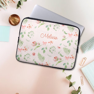 Moderne charmante roze groene bloem met naam laptop sleeve