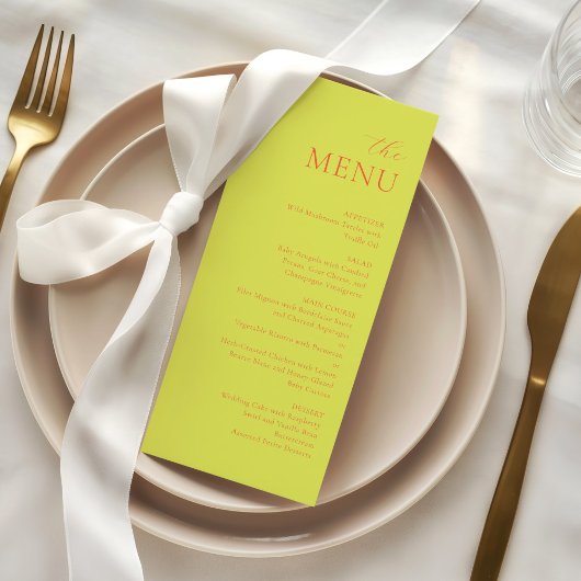 Moderne Chartreuse Persimmon Elegante Trouwmenu Menu