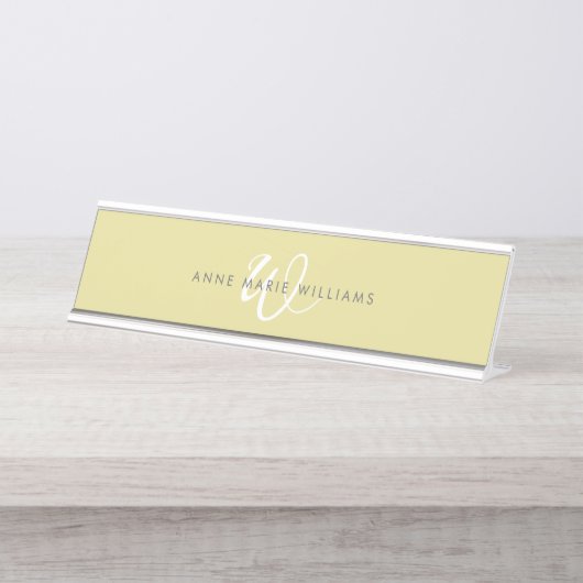 Moderne Chartreuse Witte Script Monogram Bureau Naambordje (Voorkant)