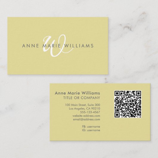 Moderne Chartreuse Witte Script Monogram QR Code Visitekaartje (Voorkant / Achterkant)