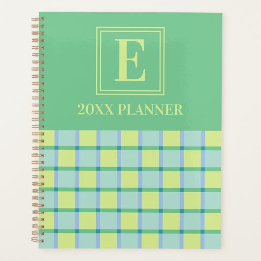 Moderne Checker Blauw Groen Lime Aangepaste Monogr Planner (Voorkant)