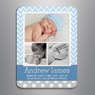 Moderne Chevron Baby Jongen Blauw Grijs Foto Geboo Magneet