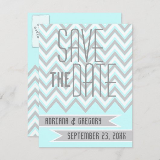 Moderne chevron grijs, aqua bruiloft Save the Date Aankondigingskaart (Voorkant / Achterkant)