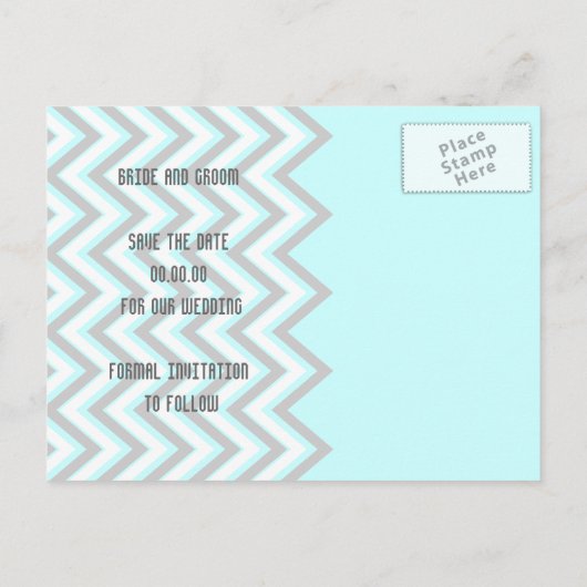 Moderne chevron grijs, aqua bruiloft Save the Date Aankondigingskaart (Achterkant)