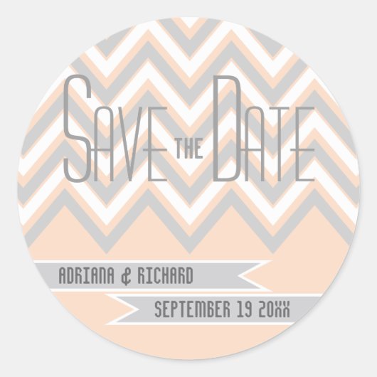 Moderne chevron grijs, perzik bruiloft Save the Da Ronde Sticker (Voorkant)