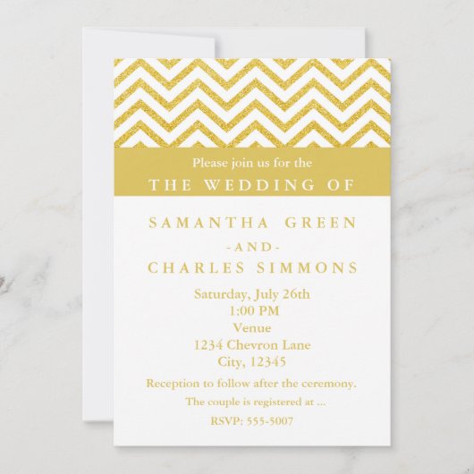 Moderne Chevron Wit & Gouden Bruiloft Uitnodiginge Kaart (Voorkant)