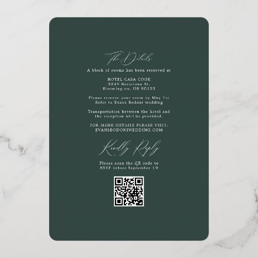 Moderne Chic Beach Palm & RSVP QR Code Weddenschap Folie Uitnodiging (Achterkant)