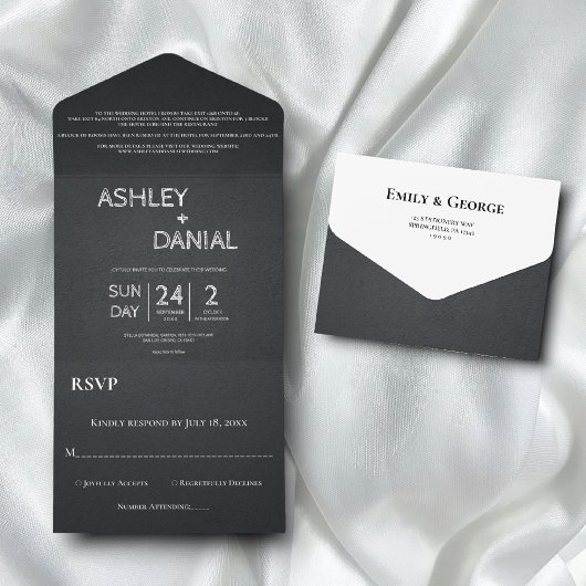 Moderne chic Black en White Script Rustic Wedding All In One Uitnodiging