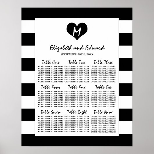 Moderne chic Black en White Wedding Seating Chart Poster (Voorkant)