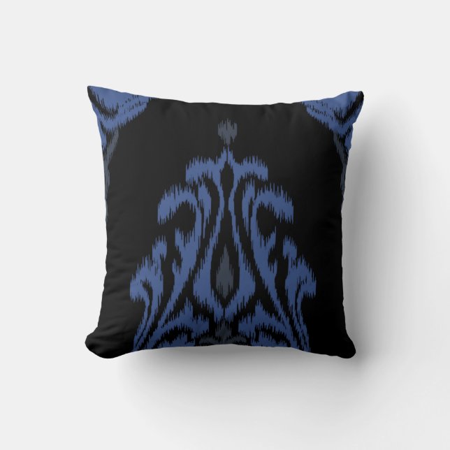 Moderne chic bleu noir damask ikat coussin (Recto)