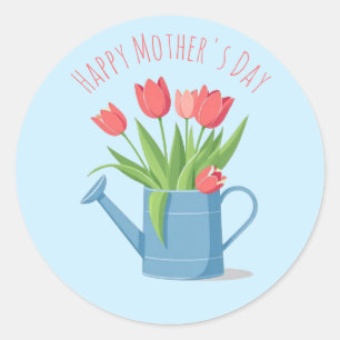 Moderne Chic Blue Watering Can met Tulpen Bloemen Ronde Sticker
