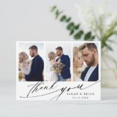 Moderne Chic Calligraphy 4 Photo Wedding Bedankkaart (Staand voorkant)