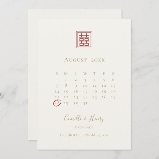 Moderne chic Double Happiness Ivory Gold Wedding Save The Date (Voorkant / Achterkant)