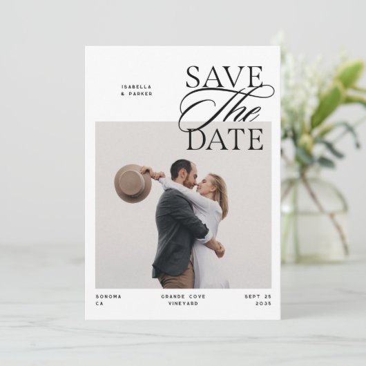 Moderne Chic Editoriaal Script Foto Dubbelzijdig Save The Date (Staand voorkant)