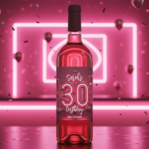 Moderne Chic Glam Metallic Neon Roze 30e Verjaarda Wijn Etiket