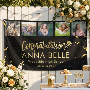 Moderne Chic Gold Script Photo Collage Afstuderen Spandoek