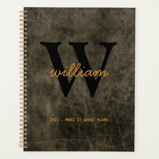 Moderne chic grijze leren script zwarte monogram planner (Voorkant)