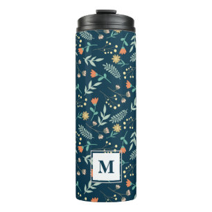 Moderne Chic Monogram Blauwgroen Floral Cadeau Thermosbeker
