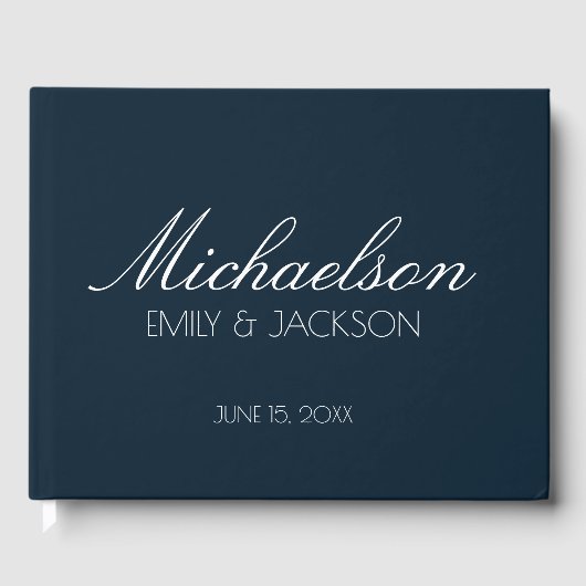 Moderne Chic Navy Blauwe Witte Script Bruiloft Gastenboek (Voorkant)