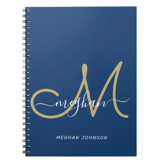 Moderne Chic Navy Gouden Script Monogram Notitieboek (Voorkant)