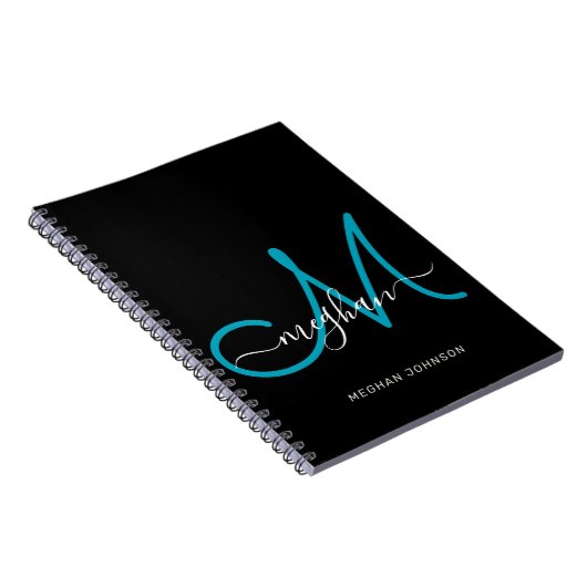 Moderne Chic Noir Turquoise Script Carnet Monogram (Côté Droit)