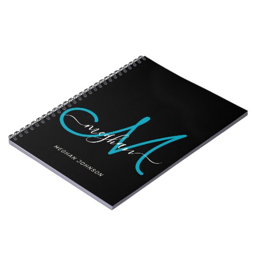 Moderne Chic Noir Turquoise Script Carnet Monogram (Côté gauche)