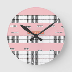 Moderne Chic Plaid Zwart en Roze Wandklok Ronde Klok