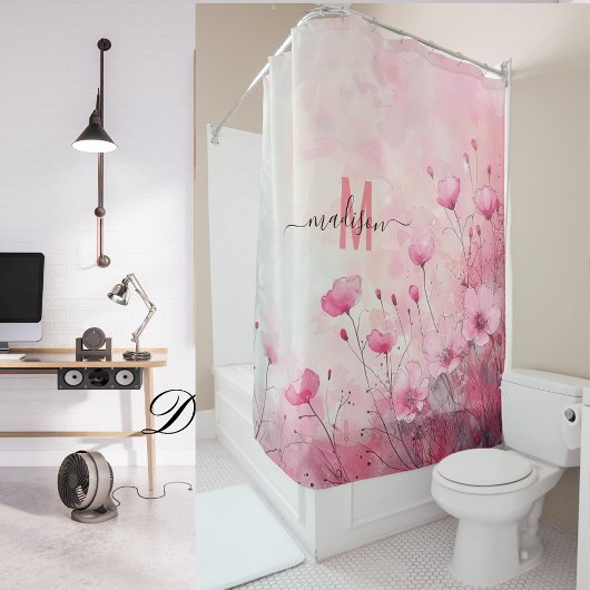 Moderne Chic Roze Monogram Elegante Script Bruilof Douchegordijn