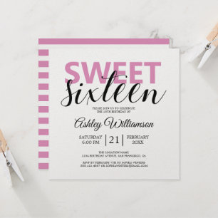 Moderne Chic Roze Witte Strepen Roze Sweet 16 Kaart