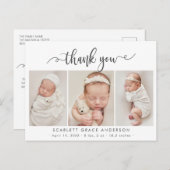 Moderne Chic Script Baby 3 Foto Collage Bedankt Briefkaart (Voorkant / Achterkant)